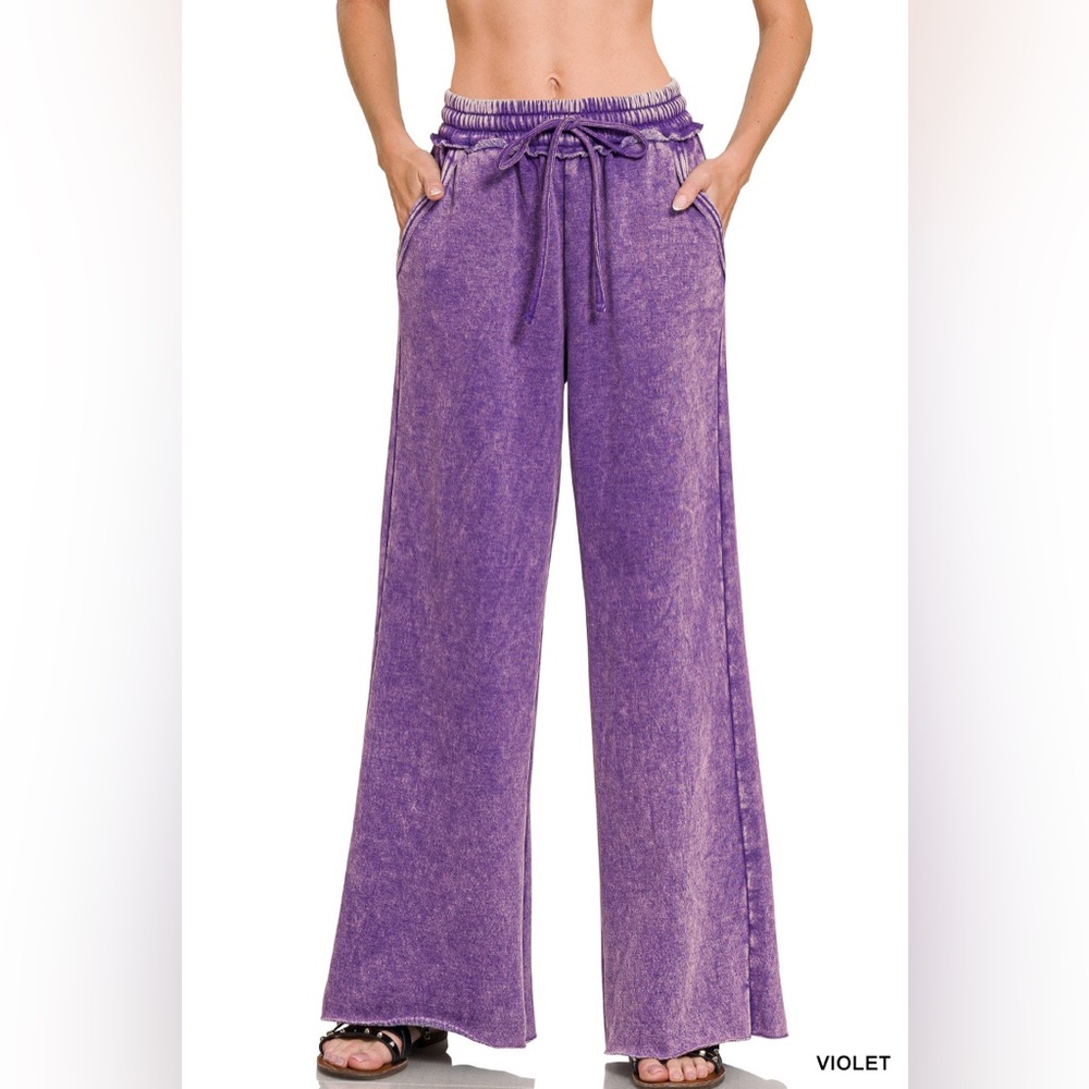 Closeout Zenana Violet ACID WASH FLEECE PALAZZO SWEATPANTS